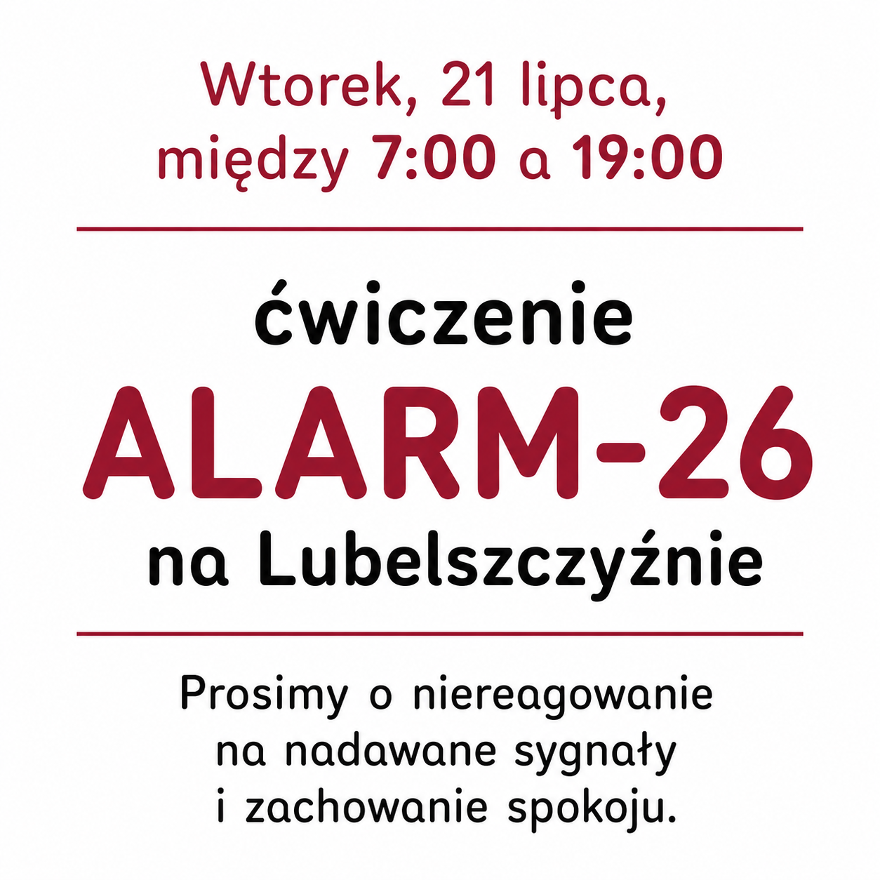 Plakat informuje o ćwiczeniu ALARM26 na Lubelszczyźnie 21 lipca w godz. 7001900