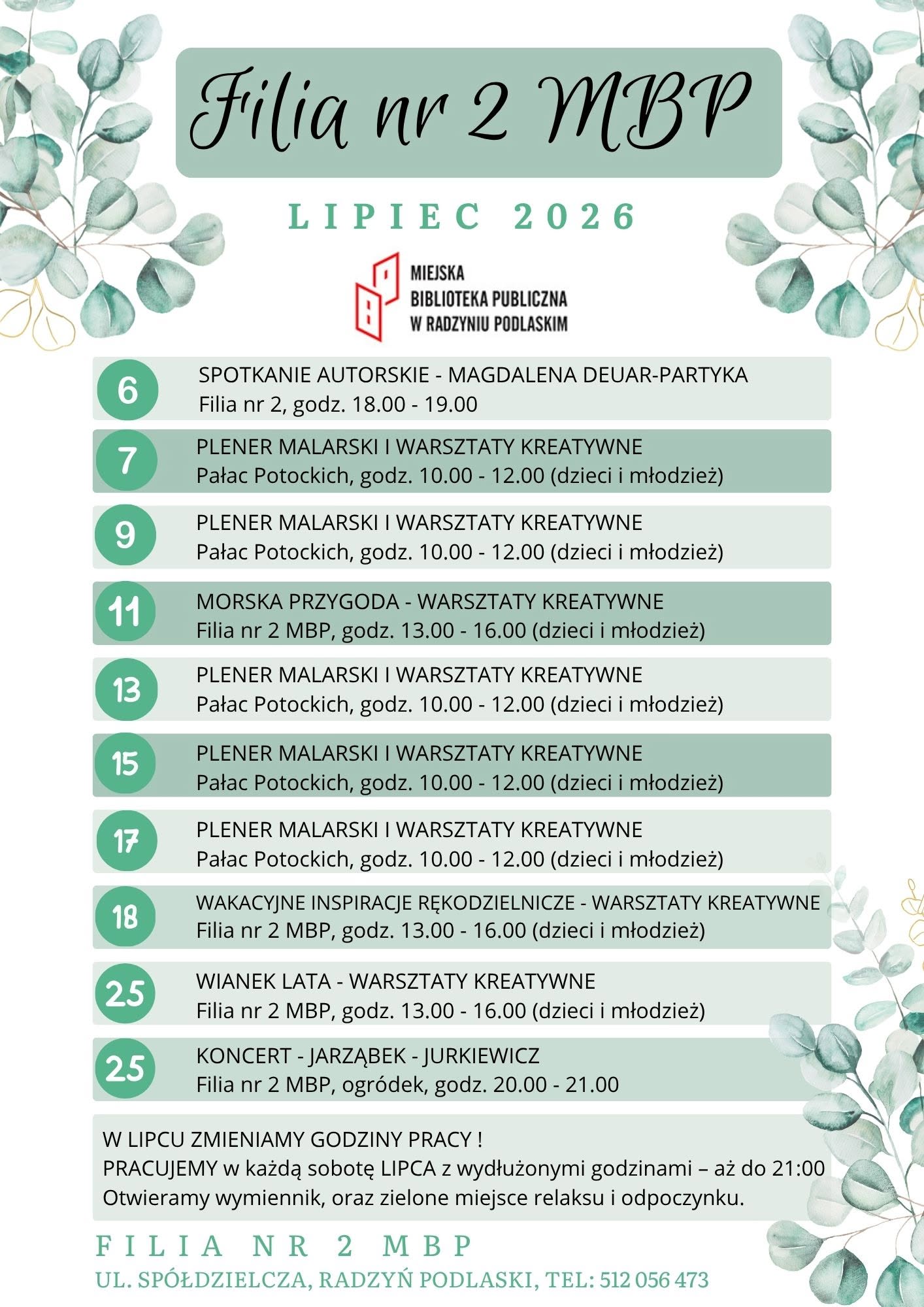 Filia nr 2 Miejskiej Biblioteki Publicznej harmonogram na lipiec