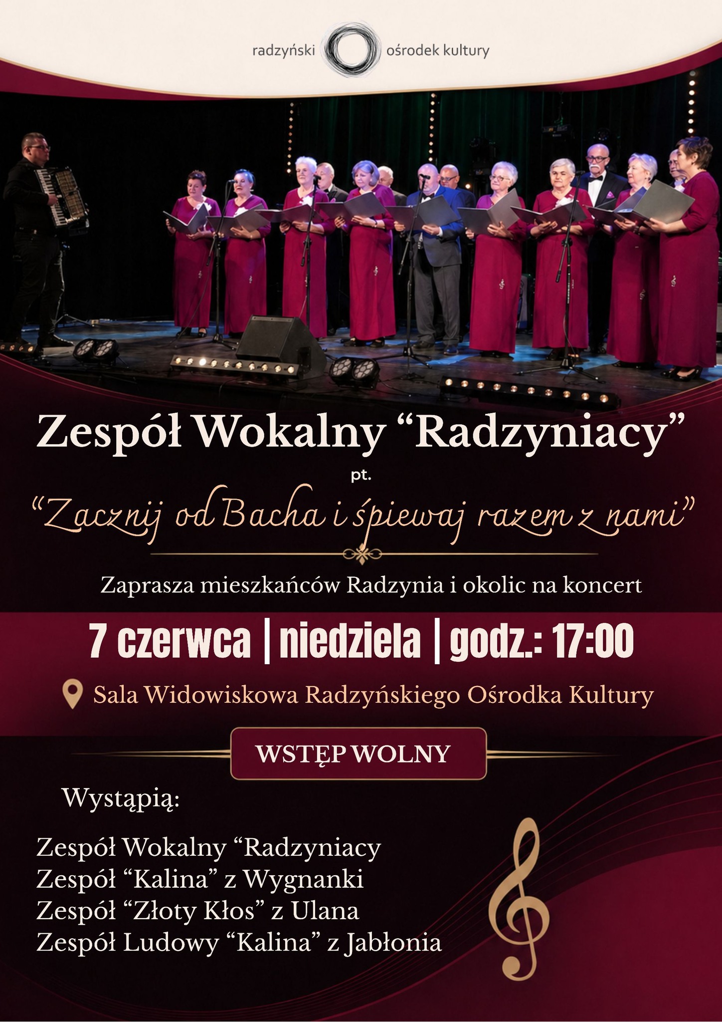 Plakat występu wokalnego zespołu Radzyniacy